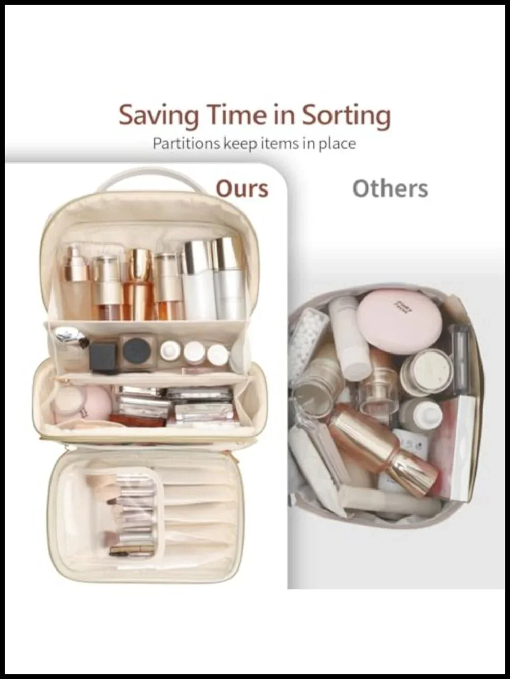 PU Leather Travel Makeup Bag with Dividers & Brush Holder, XL